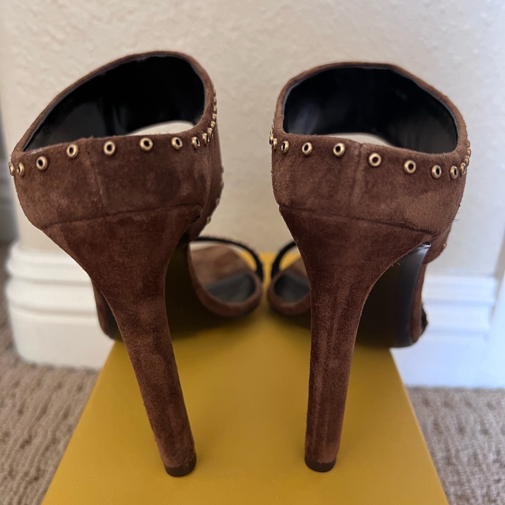 New Saint Laurent Suede Mica Stud Mule Sandals Size 37 Brown - Picture 5 of 9
